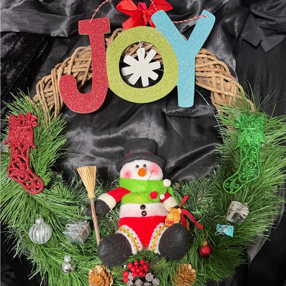 Festive Holiday Wreath with Snowman and JOY Sign
